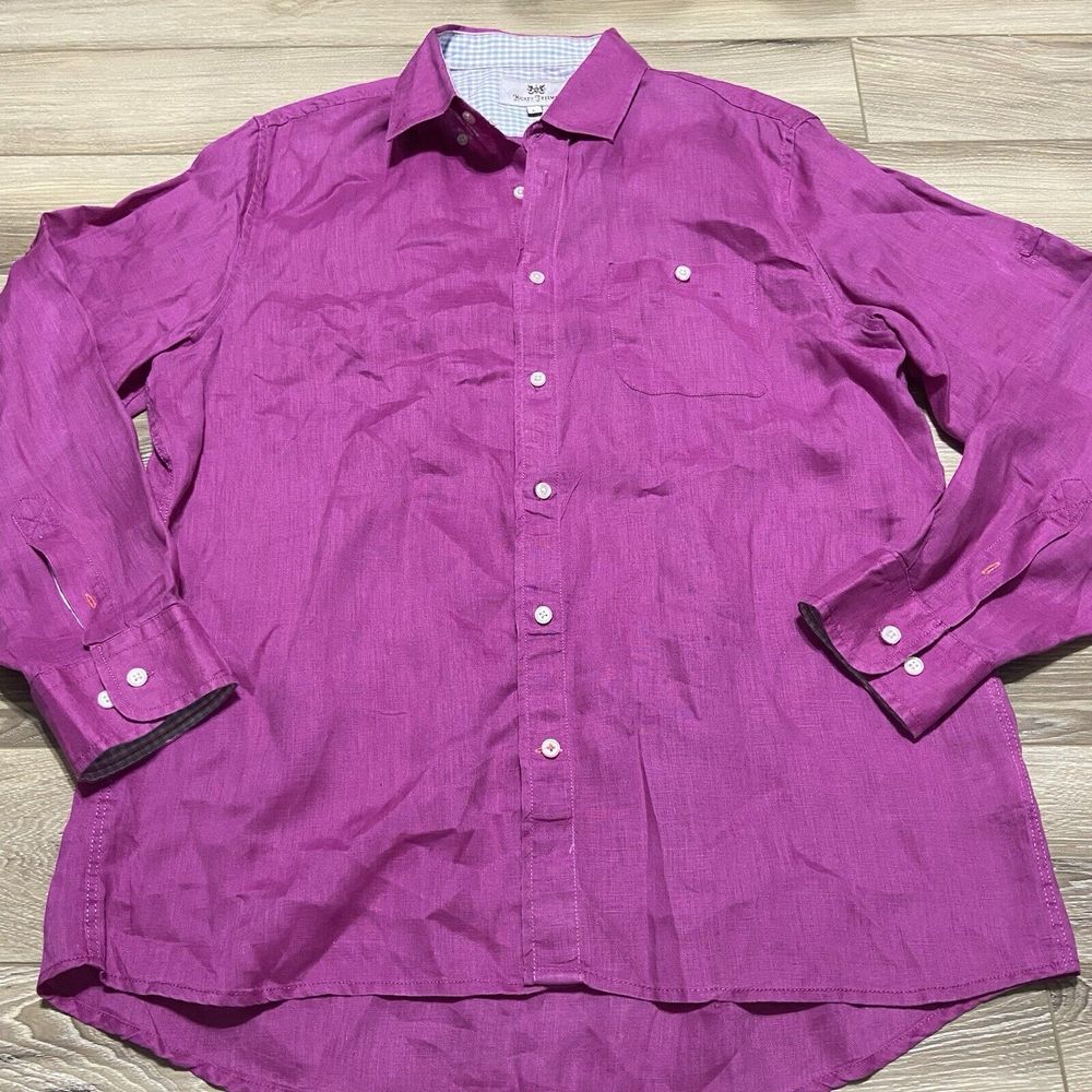 Hickey Freeman Shirt Mens Large Pink Linen Long Sleeve Button Down Up‎